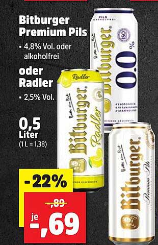 Bitburger Premium Pils oder Radler – 0,5 Liter Dose