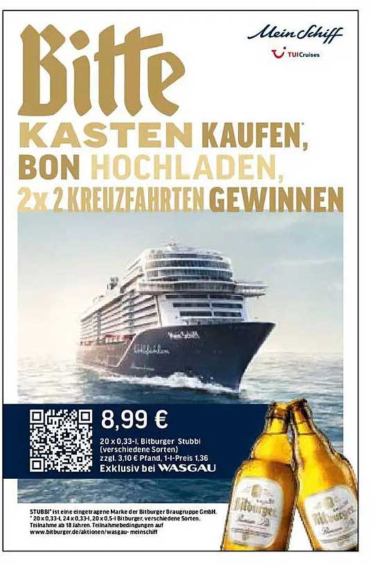 Bitte Kasten kaufen, Bon hochladen, 2x 2 Kreuzfahrten gewinnen