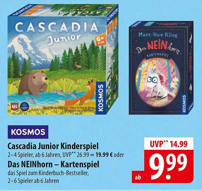 Cascadia Junior Kinderspiel und Das NEINhorn – Kartenspiel