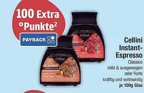 Cellini Instant-Espresso - Classico mild & ausgewogen oder Forte kräftig und vollmundig je 100g Glas