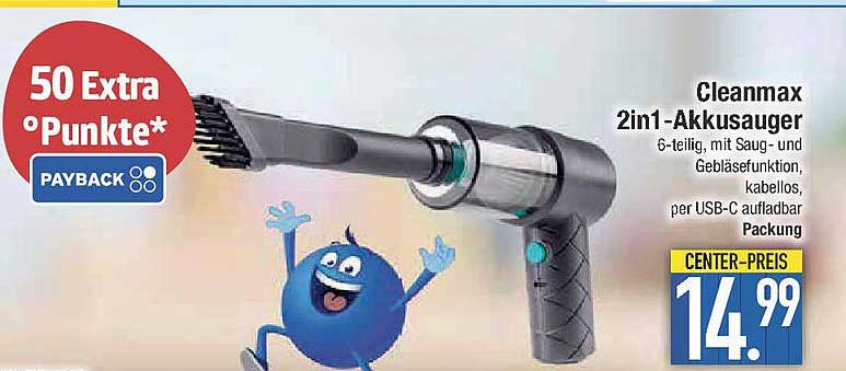 Cleanmax 2in1-Akkusauger 6-teilig mit Saug- und Gebläsefunktion