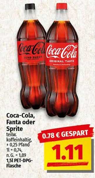 Coca-Cola, Fanta oder Sprite 1,5 l PET-DPG-Flasche