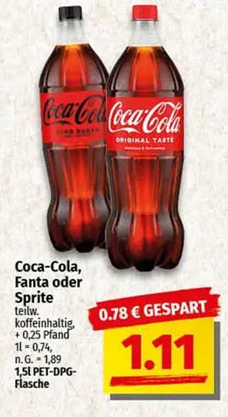 Coca-Cola, Fanta oder Sprite 1,5L PET-DPG-Flasche