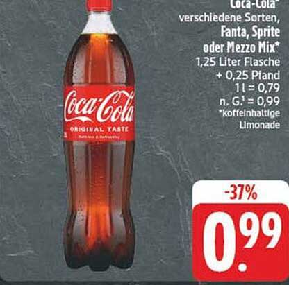 Coca-Cola verschiedene Sorten, Fanta, Sprite oder Mezzo Mix 1,25 Liter Flasche