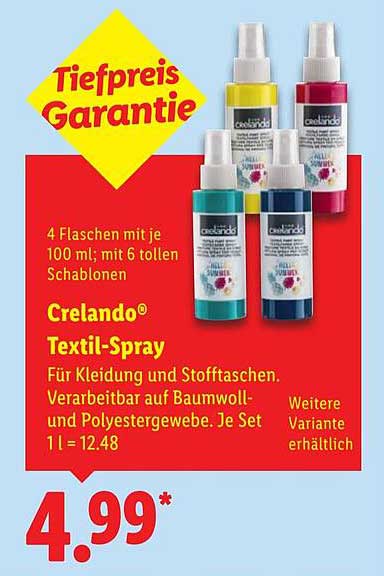 Crelando® Textil-Spray – Set mit 4 Flaschen à 100 ml und 6 Schablonen