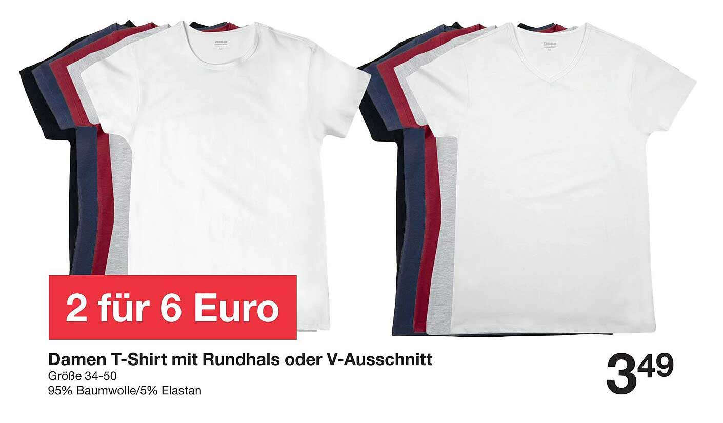 Damen T-Shirt mit Rundhals oder V-Auschnitt - 2 für 6 Euro