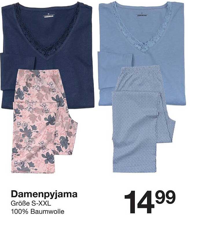 Damenpyjama in den Größen S-XXL, 100% Baumwolle