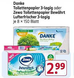 Danke Toilettenpapier 3-lagig oder Zewa Toilettenpapier Bewährt Luftfrischer 3-lagig je 8 × 150 Blatt