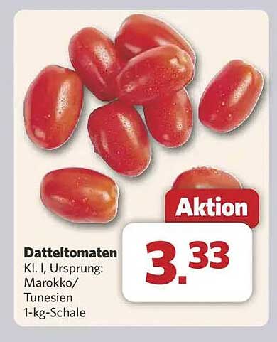 Datteltomaten - Kl. I, Ursprung: Marokko/Tunesien, 1-kg-Schale