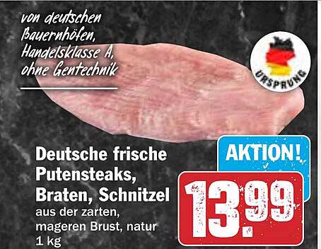Deutsche frische Putensteaks, Braten, Schnitzel aus der zarten, mageren Brust, natur 1 kg