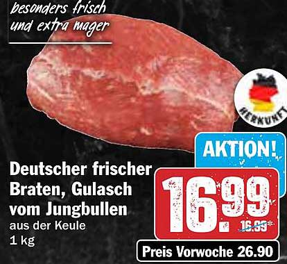 Deutscher frischer Braten, Gulasch vom Jungbullen aus der Keule - 1 kg