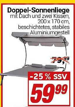 Doppel-Sonnenliege mit Dach und zwei Kissen, 200 x 170 cm, beschichtetes, stabiles Aluminiumgestell