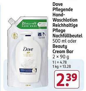 Dove Pflegende Hand-Waschlotion Nachfüllbeutel 500 ml oder Beauty Cream Bar 2 x 90 g