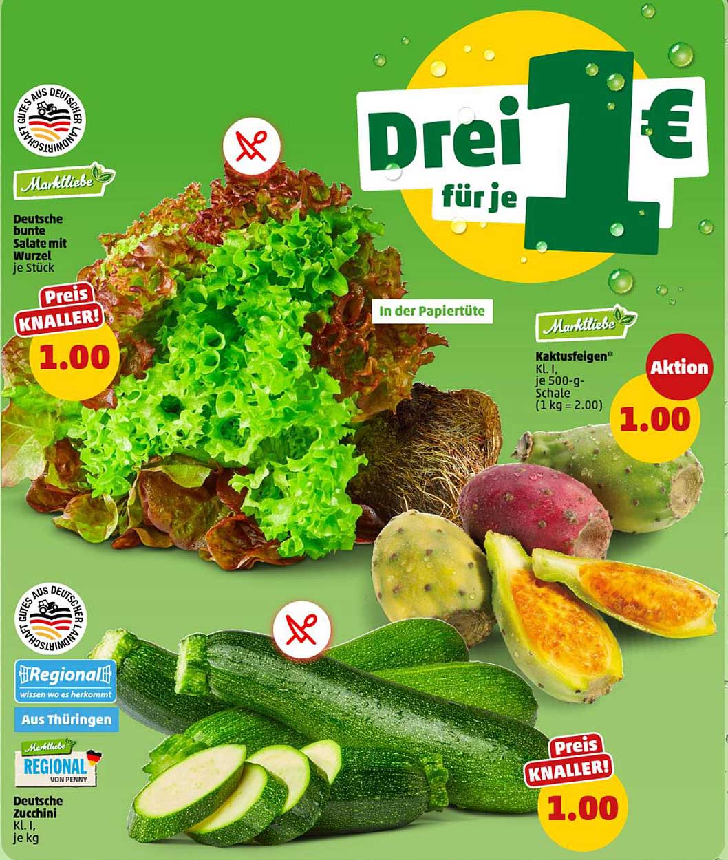 Drei für je 1 € - Deutsche bunte Salate, Kaktusfeigen und Zucchini