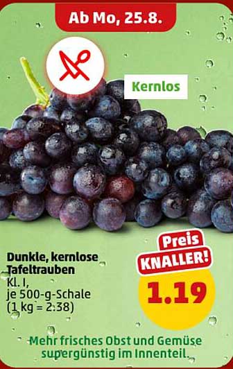 Dunkle, kernlose Tafeltrauben Kl. I, je 500-g-Schale