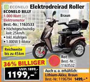 Econelo Elektrodreirad Roller - ECONELO BILLY mit 1.000 Watt Elektromotor