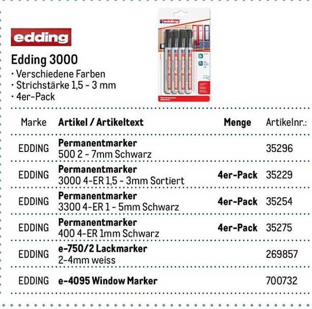 Edding 3000 Permanentmarker 4er-Pack - Verschiedene Farben