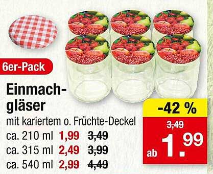 Einmachgläser 6er-Pack mit kariertem oder Früchte-Decke