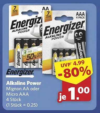 Energizer Alkaline Power Batterien – Mignon AA oder Micro AAA im günstigen 4er Pack