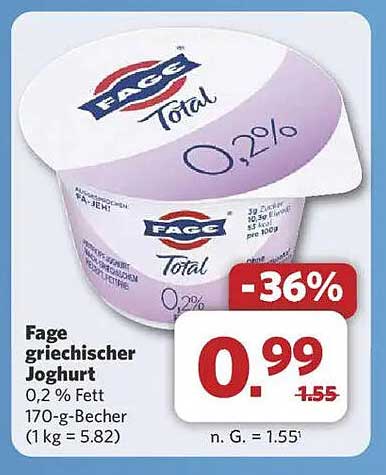 Fage griechischer Joghurt 0,2 % Fett, 170 g Becher