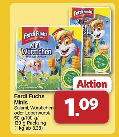 Ferdi Fuchs Minis - Salami, Würstchen oder Leberwurst 50-g/100-g/130-g-Packung (1 kg ab 8.38)