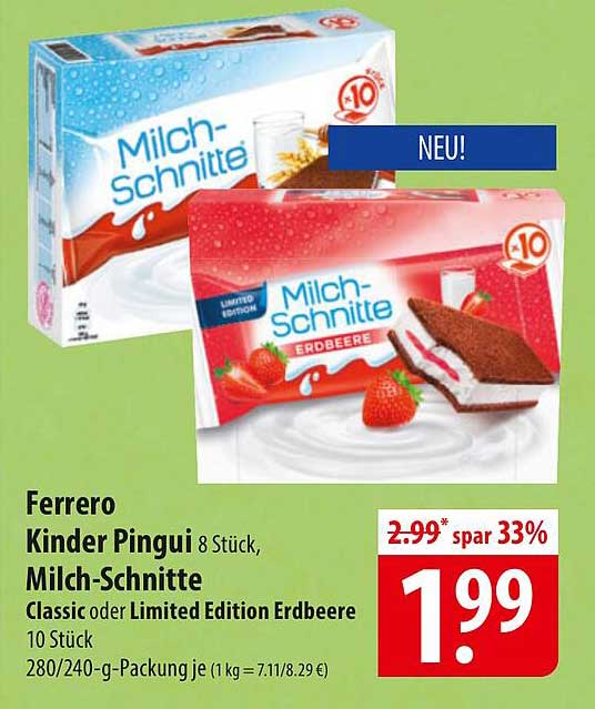 Ferrero Kinder Pingui 8 Stück, Milch-Schnitte Classic oder Limited Edition Erdbeere 10 Stück