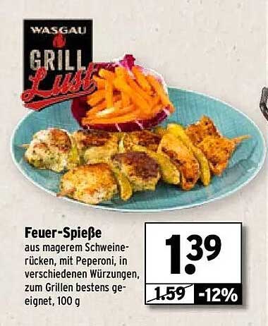 Feuer-Spieße aus magerem Schweinerücken, mit Peperoni, in verschiedenen Würzungen, zum Grillen bestens geeignet, 100 g
