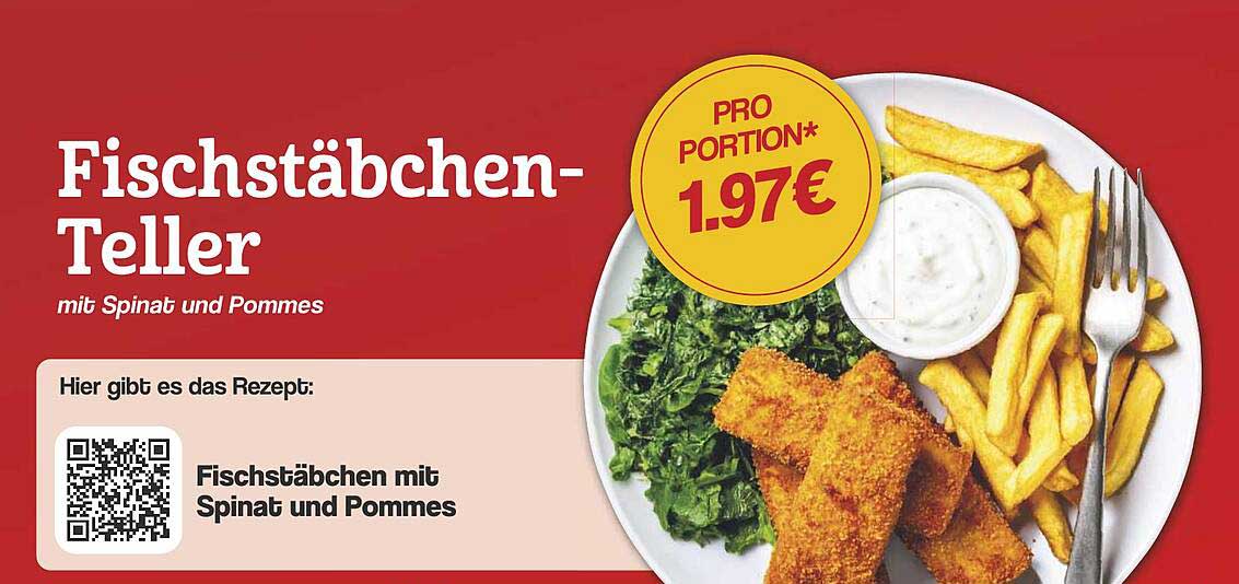 Fischstäbchen-Teller mit Spinat und Pommes