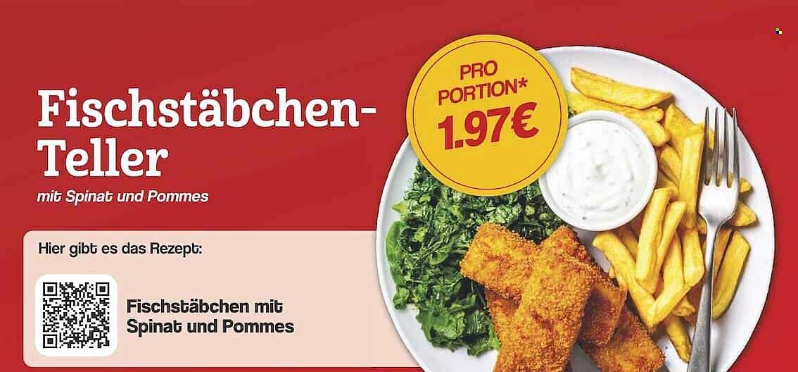 Fischstäbchen-Teller mit Spinat und Pommes