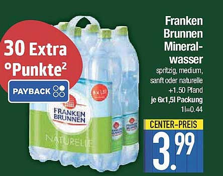 Franken Brunnen Mineralwasser spritzig, medium, sanft oder naturelle 6x1,5l Packung