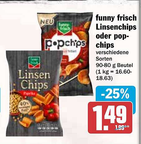 funny frisch Linsenchips oder Popchips 90-80 g Beutel