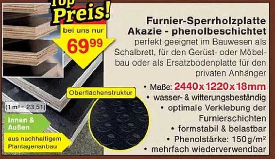 Furnier-Sperrholzplatte Akazie – phenolbeschichtet