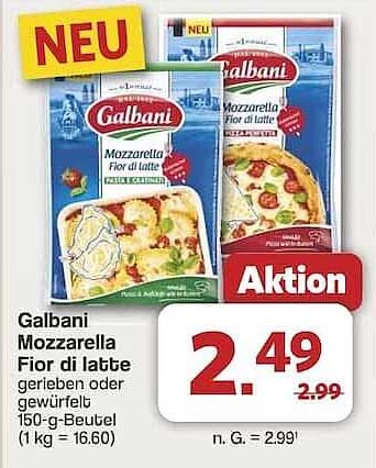 Galbani Mozzarella Fior di latte, gerieben oder gewürfelt 150-g-Beutel