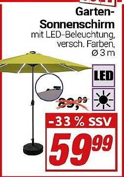 Garten-Sonnenschirm mit LED-Beleuchtung, verschiedene Farben, Ø 3 m