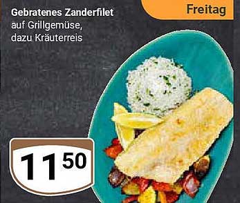 Gebratenes Zanderfilet auf Grillgemüse, dazu Kräuterreis