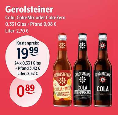 Gerolsteiner Cola, Cola-Mix oder Cola-Zero - 0,33 l Glas