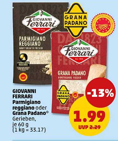 GIOVANNI FERRARI Parmigiano Reggiano oder Grana Padano - Gerieben, je 60 g