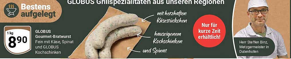 GLOBUS Gourmet-Bratwurst mit Käse, Spinat und GLOBUS Kochschinken, 1 kg