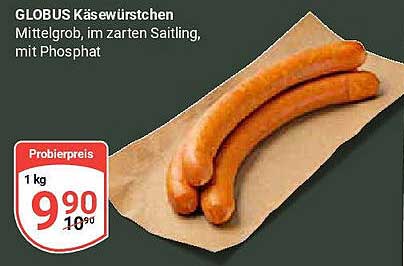 GLOBUS Käsewürstchen, mittelgroß, im zarten Saitling, mit Phosphat