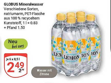 GLOBUS Mineralwasser - Wasser mit Zitrone, 6 x 0,5 l