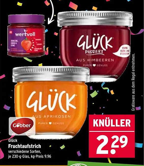 Glück Fruchtaufstrich verschiedene Sorten, je 230-g-Glas, kg-Preis 9.96
