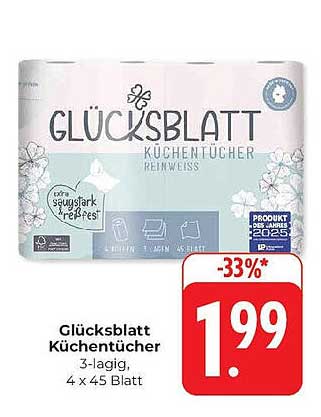 Glücksblatt Küchentücher 3-lagig, 4 x 45 Blatt