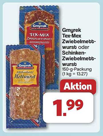 Gmyrek Tex-Mex Zwiebelmettwurst oder Schinken-Zwiebelmettwurst 150-g-Packung
