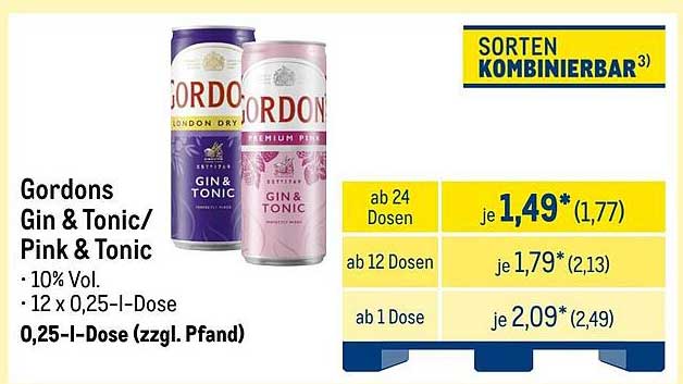 Gordons Gin & Tonic/Pink Tonic 12 x 0,25 l-Dosen