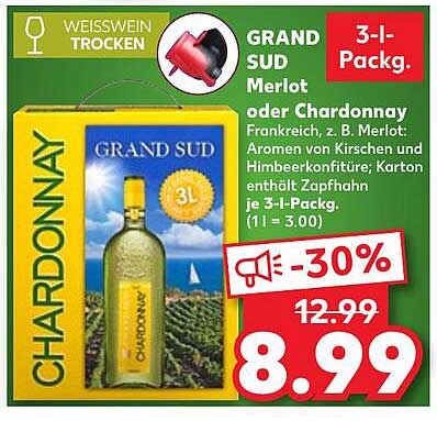 GRAND SUD Merlot oder Chardonnay – 3-Liter-Pack
