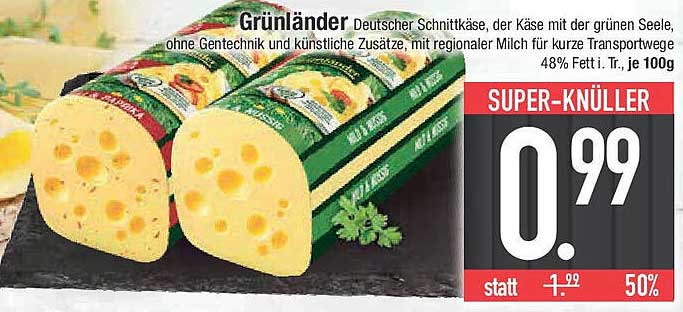 Grünländer Deutscher Schnittkäse, 48% Fett i. Tr., je 100g
