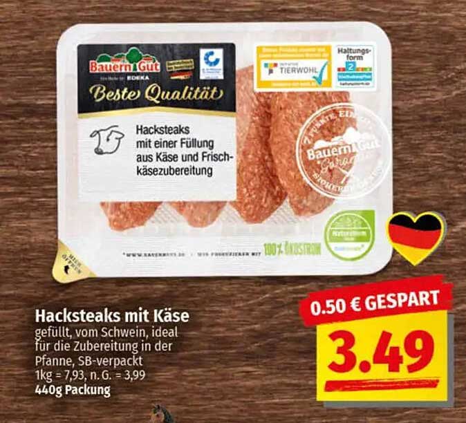 Hacksteaks mit Käse, gefüllt, vom Schwein, ideal für die Zubereitung in der Pfanne