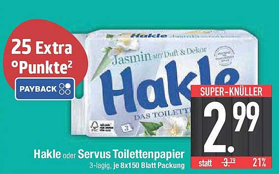 Hakle oder Servus Toilettenpapier 3-lagig, je 8x50 Blatt Packung