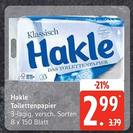 Hakle Toilettenpapier 3-lagig, verschiedene Sorten 8 x 150 Blatt