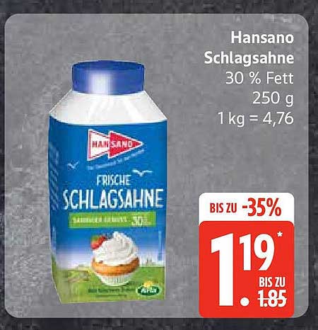 Hansano Frische Schlagsahne 30 % Fett 250 g